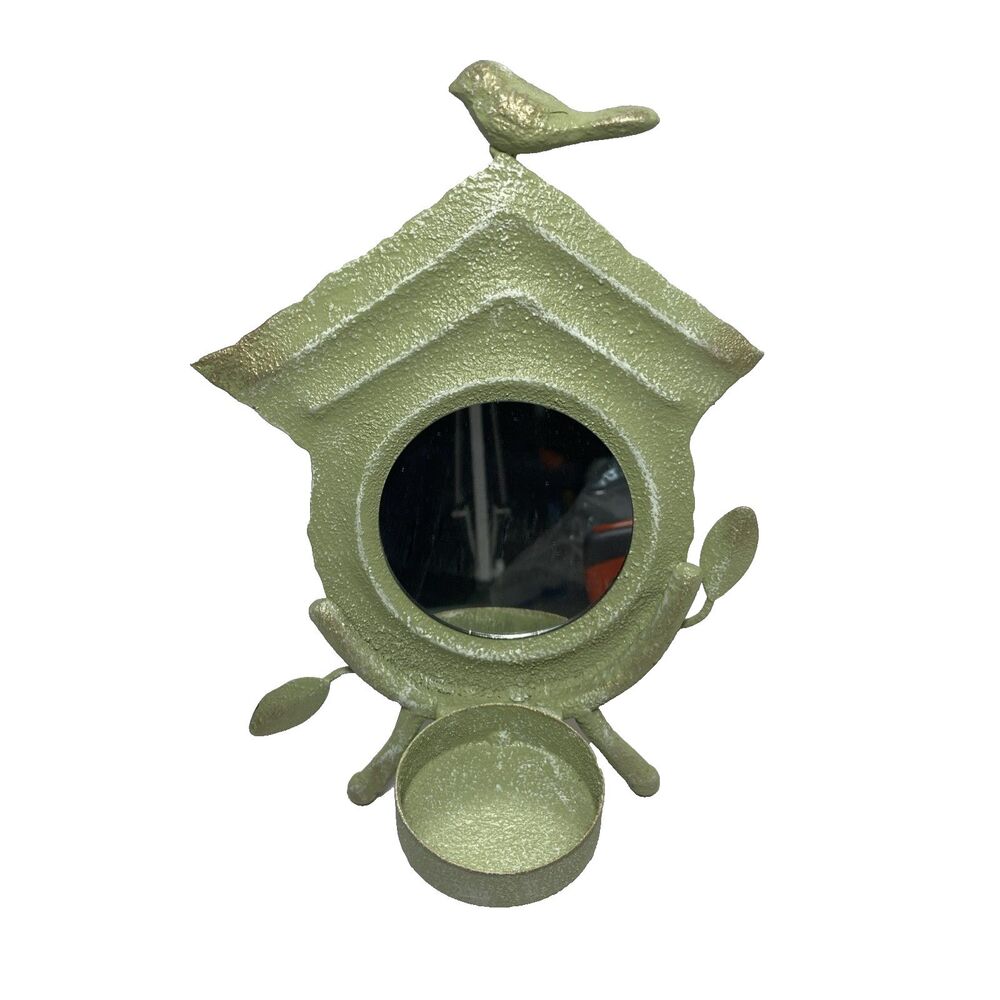Birdhouse Mirrored Tea Light Holder Green Celedon Easel Tin Painted